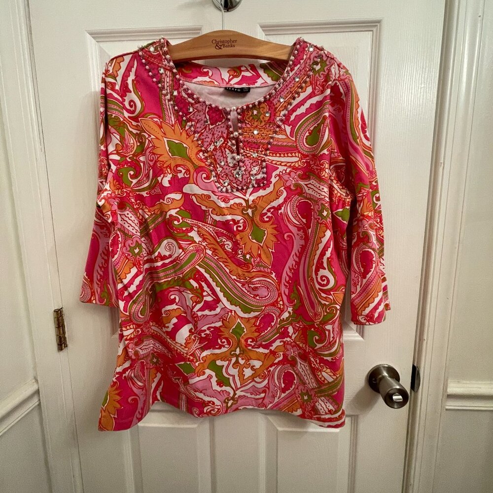 Izaro Pink Paisley Beaded 3/4 Sleeve Tunic Style Top size XL